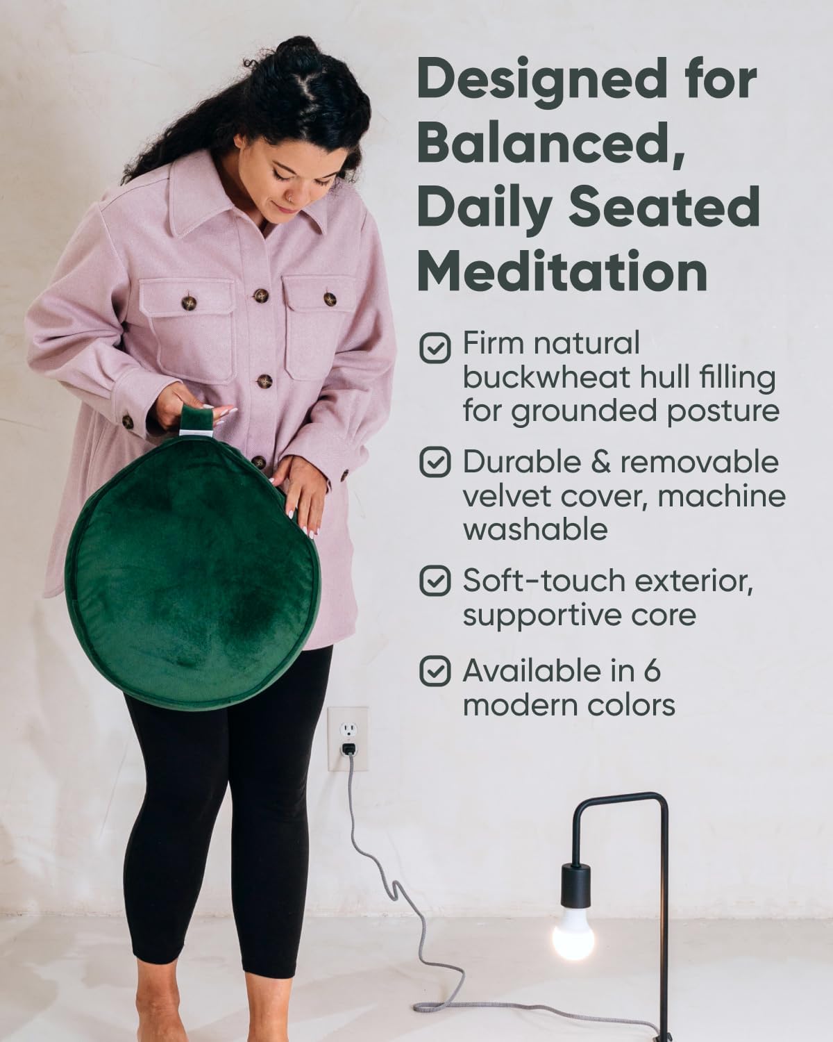 Mindful Modern Velvet Meditation Cushion | Luxe Zafu Yoga Floor Pillow Seat | Posture Support | Buckwheat Hull Filled | Large Round Cushion with Removable Washable Cover + Carry Handle