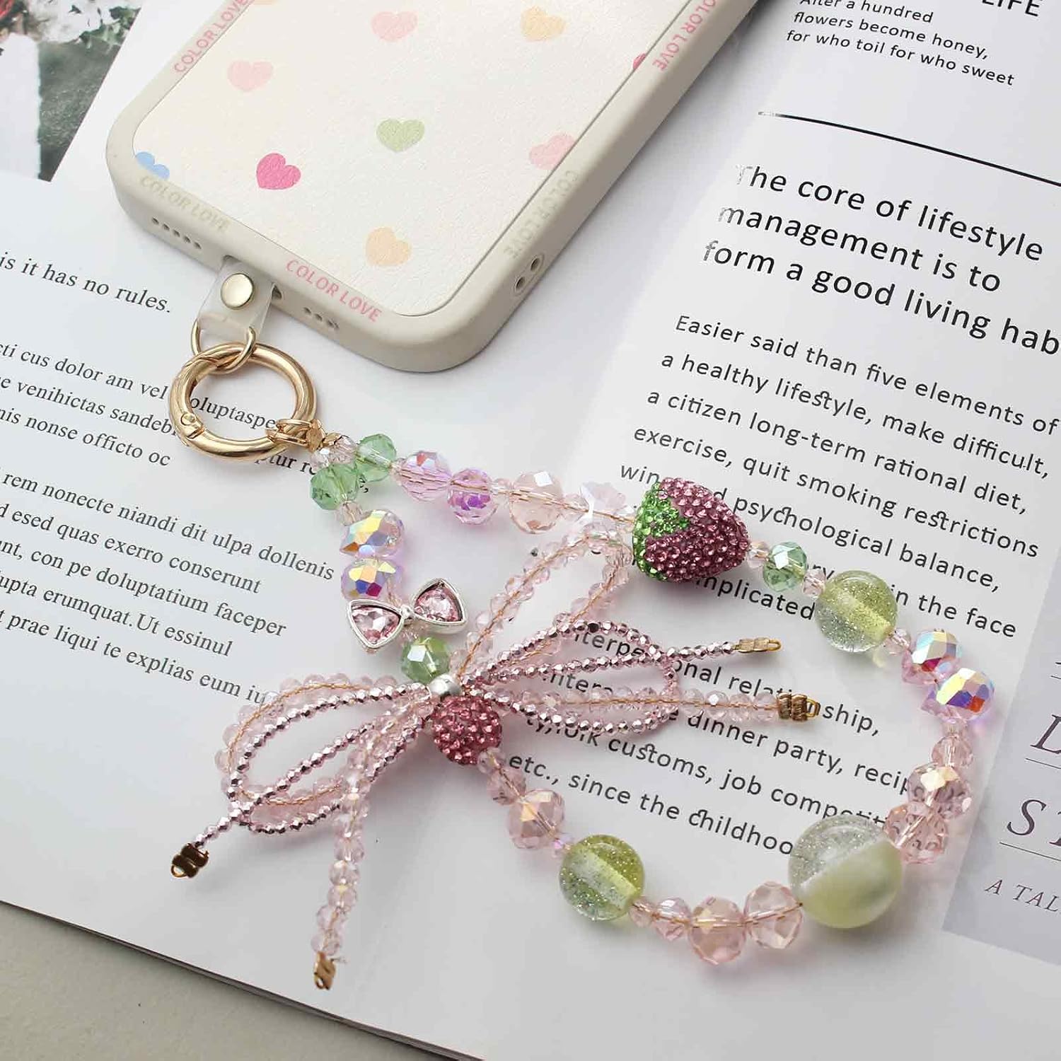 Phone Charm Wrist Strap with Diamond Inlay, Strawberry Bow & Crystal Flower Design for iPhone, Kindle, Camera, Pink Purple Green Key Wristlet, Lanyard for womens keychain wristlet - Image 3
