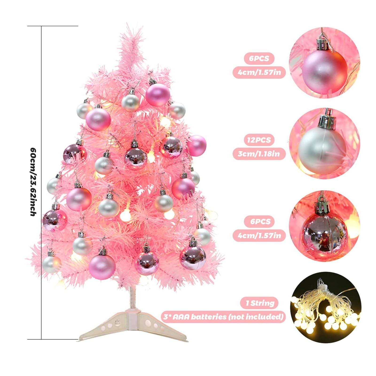 Albero di Natale piccolo rosa da 60 cm con 24 palline, albero di Natale artificiale da tavolo for decorazioni natalizie di Capodanno Piante artificiali
