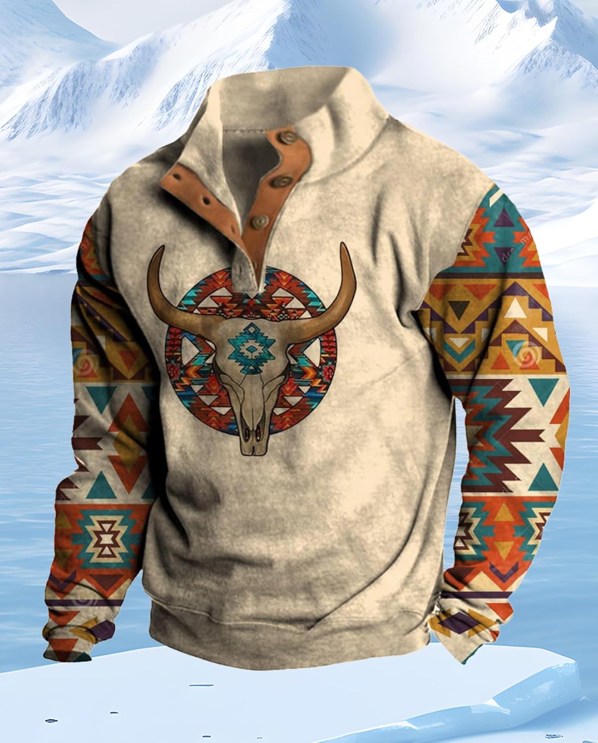 Western Sweatshirts for Men Aztec Ethnic Print Quarter Zip Pullover Fleece Hoodies Casual Stand Collar Sweatshirt - Image 2
