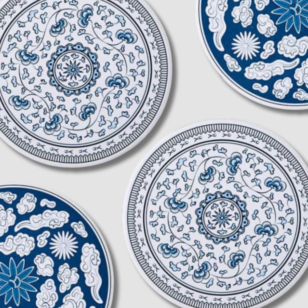 MU:DS Lot de 4 sous-verres coréens en céramique – Absorbants, antidérapants, motif vigne bleue et nuage inspiré de la poterie traditionnelle coréenne (bleu et blanc)