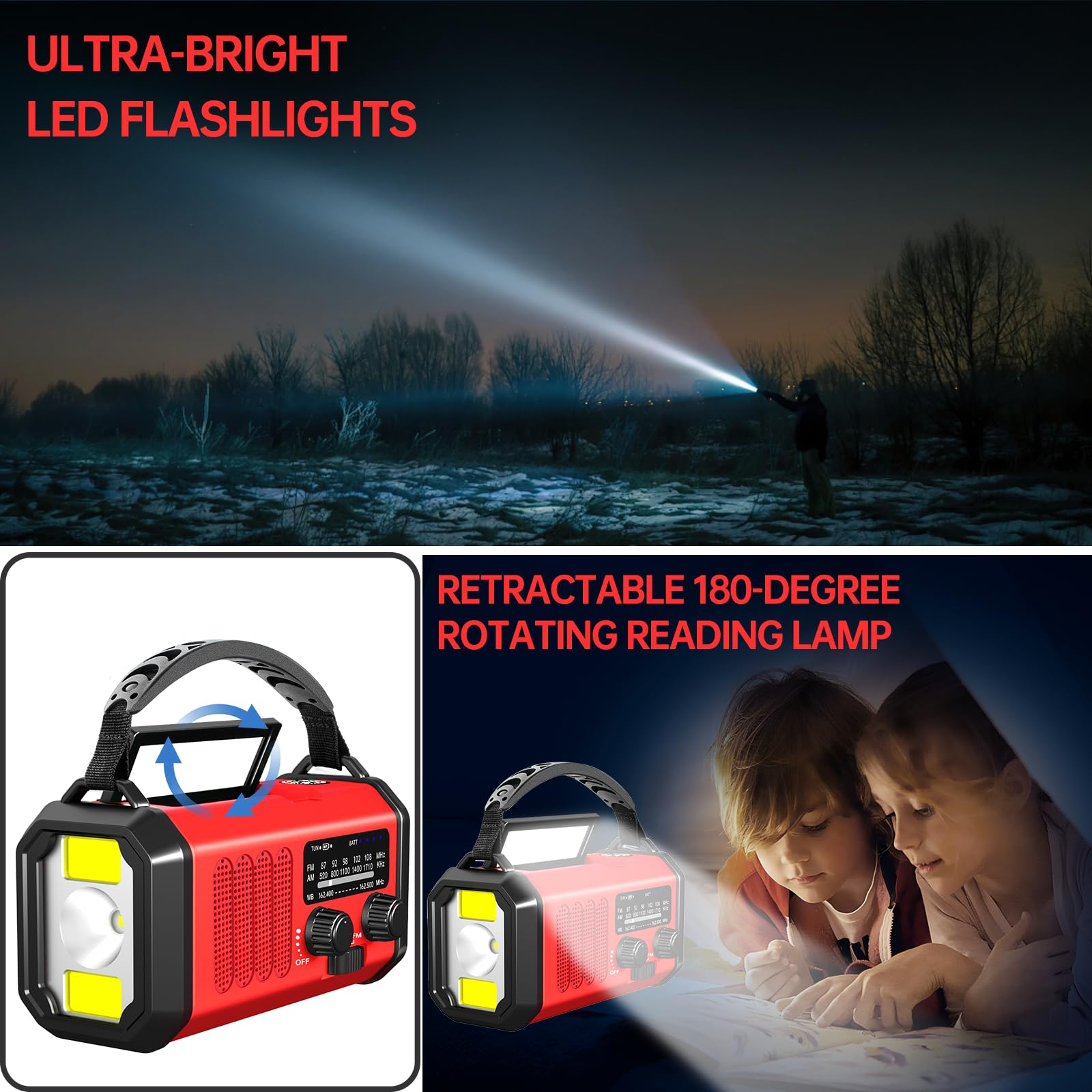 Radio d'urgence à manivelle solaire, radio météo AM/FM/NOAA intégrée 20 000 mAh, chargeur de type C, lampe de poche, lampe de lecture, SOS, compacte et portable pour camping/urgences