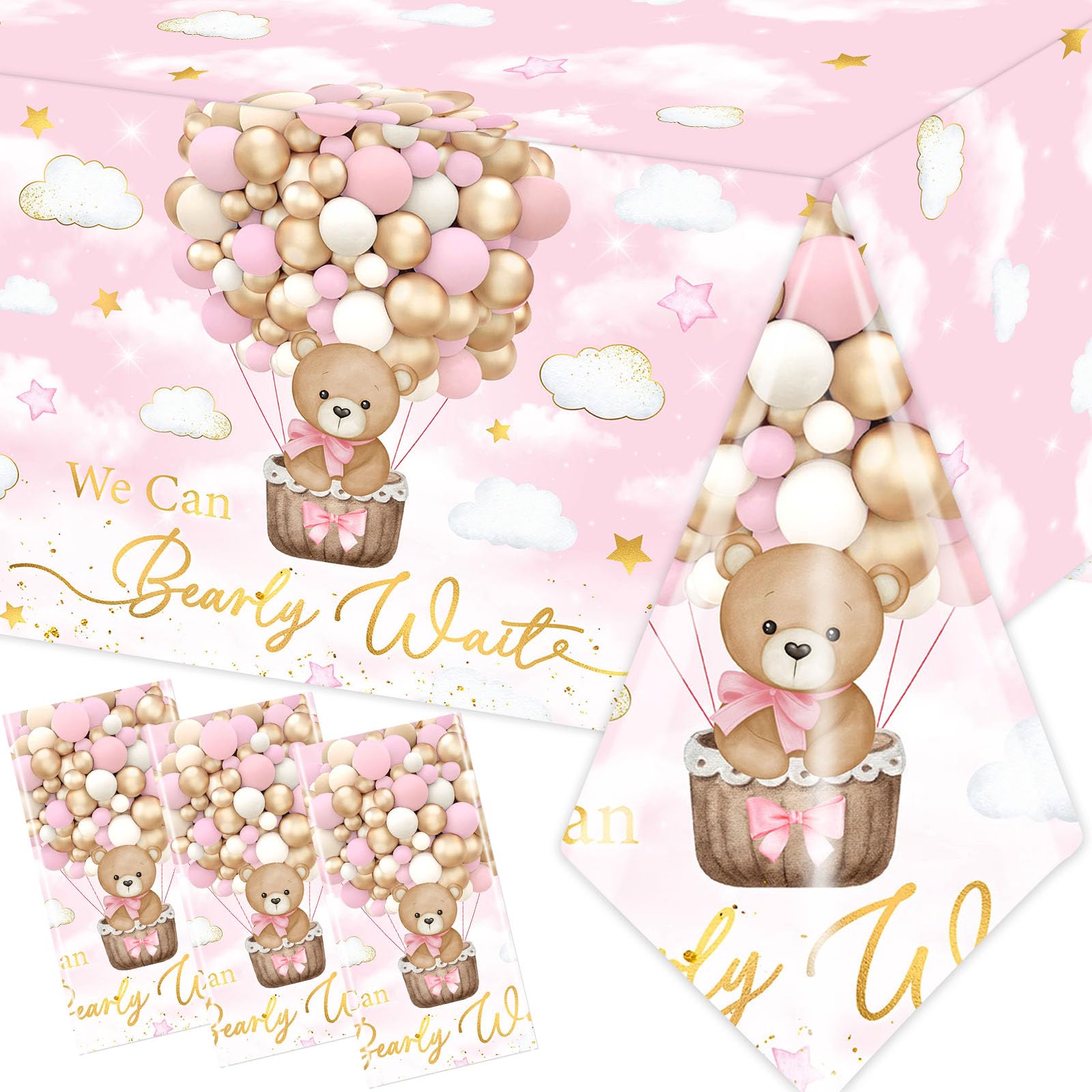 CMUSKO 3Pcs Pink Bear Baby Shower Tablecloth, We Can Barely Wait Baby Shower Decorations Teddy Bear Table Cover for Girls Bear Beraly Wait Party