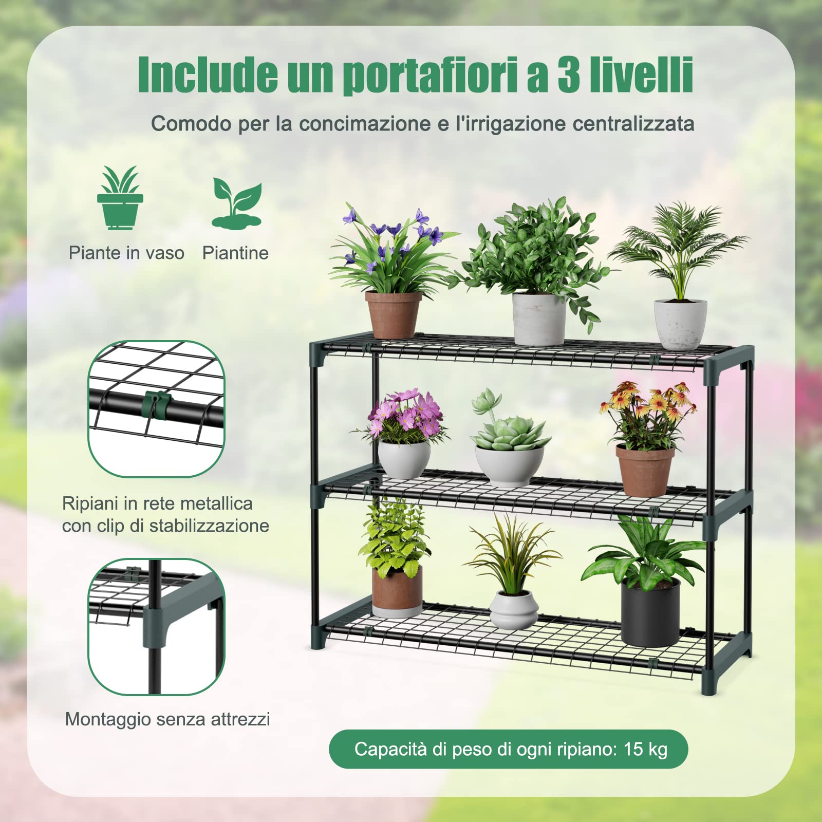 COSTWAY Serra da Giardino da Parete, Serra da Esterno Walk-in con Copertura in PE Resistente alle Intemperie, Porte a Cerniera Avvolgibili e Scaffale Porta Piante, 200 x 100 x 215 cm