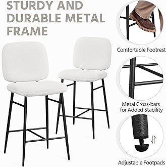 Yaheetech Boucle Bar Stools Set of 6 White Fabric Kitchen Counter Stools Upholstered Pub Chairs w/Metal Legs Mid Back for Dining Room Home Bar