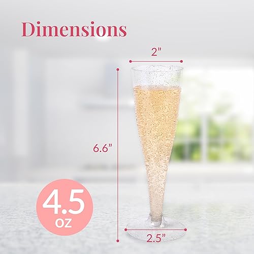 Vista 94 de Prestee Paquete de 48 copas de champán desechables de plástico, copas de flauta con purpurina dorada para champán, barra de mimosa, suministros