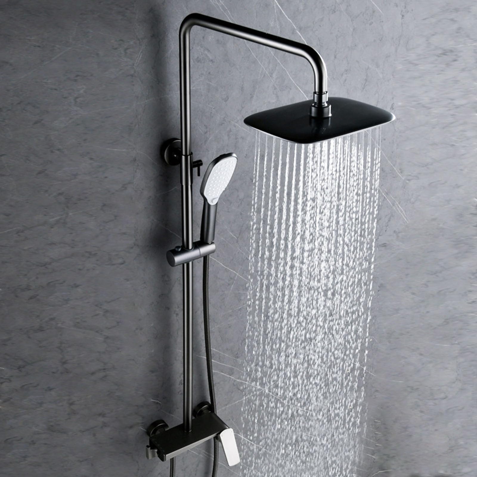 Kit Doccia a Muro con Soffione Rettangolare Miscelatore Cascata e Doccetta | Grigio Canna di Fucile Nucleo Della Valvola in Ceramica, Distanza Dei Fori Regolabile Da 13,5 a 16,5cm