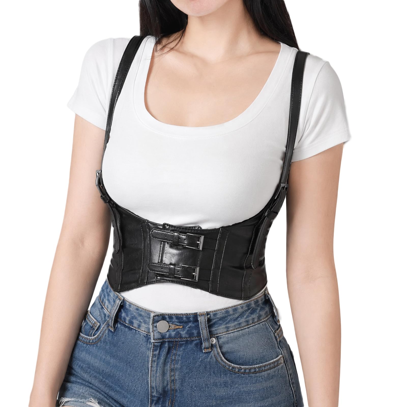 Black Underbust Corset Leather Harness Belt Punk Fashion Style for Women Girl Waist Girdles-image-15