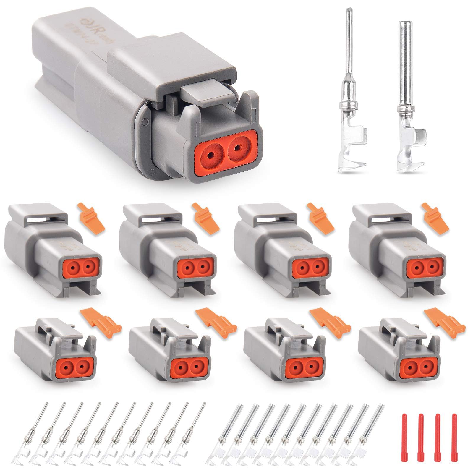 JRready ST6329-2 Deutsch DTM Connectors kit 2 Pin Gray Waterproof DTM Connector 2 Pin 4 Sets, with Stamped Contacts Pin Sockets Size 20 (16-22 AWG), Deutsch pin kit