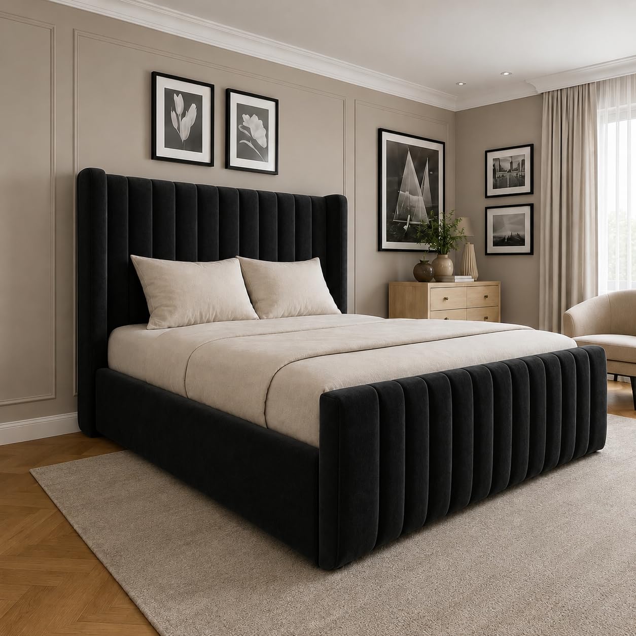 iq beds Padded Bed Frame With Winged Panel Headboard - Upholstered Bed with Gas Lift Storage Choice Modern Bedroom Furniture for Single Small Double Double King and Super King 3ft-6ft