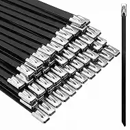 Metal Zip Ties 100pcs 304 Stainless Steel Zip Ties Heavy Duty 11.8 Inch | Black Self Locking 220 Pound Tensile Strength Multi-Purpose Cable Ties for Exhaust Wrap, Outdoor Fence, Canopy, Farms, Pipes