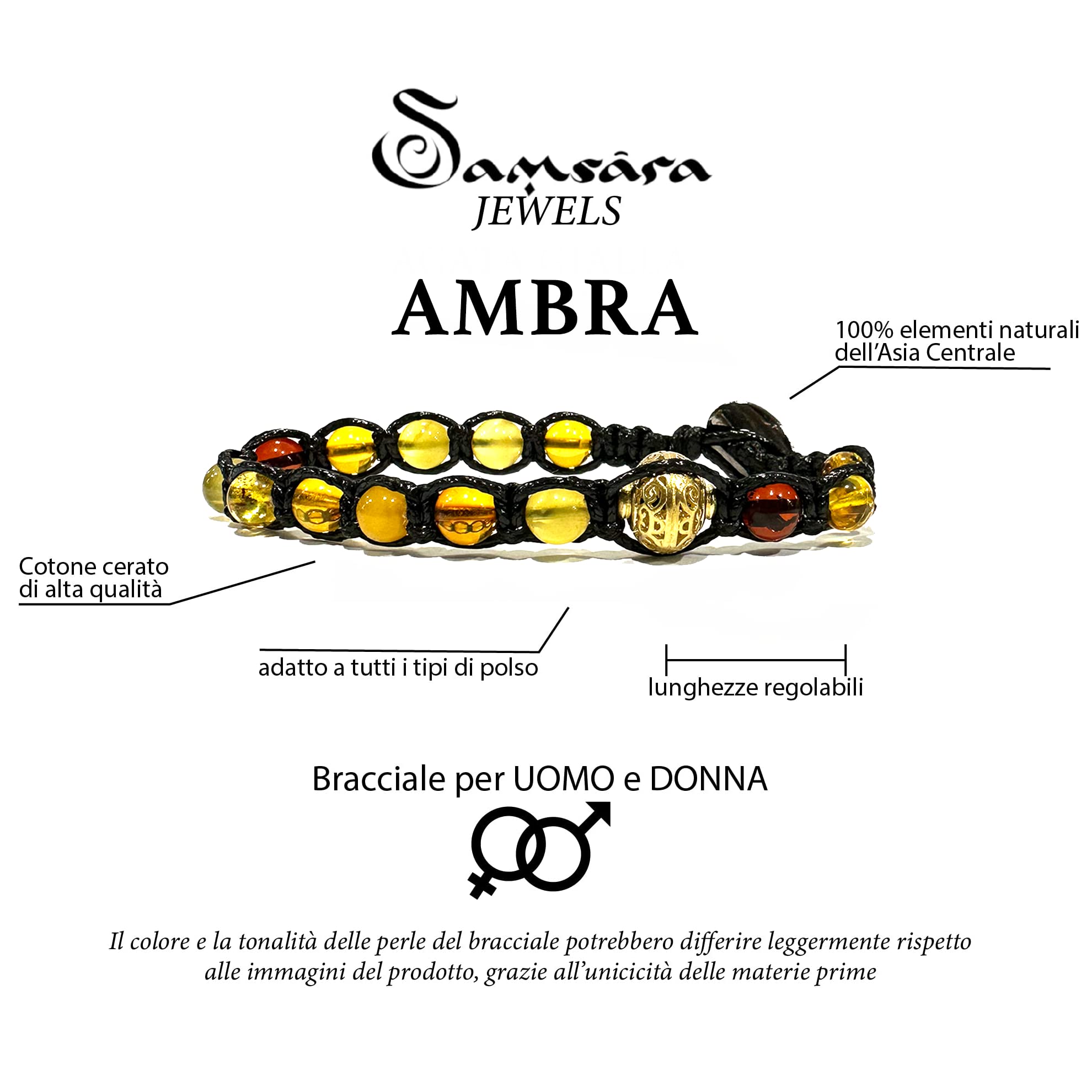 Samsara Bracciale Tibetano Buddista in Ambra - Bracciale Terapeutico e Spirituale Benessere Mente e Corpo - Filo in cotone cerato