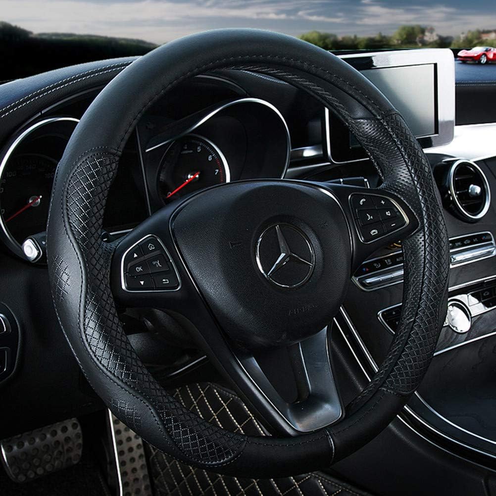 Black Leather Steering Wheel Cover Cowhide Wheel Cover Genuine Leather SUV Steering Wheel Covers Universal 15.5inch Fit Car/Auto/SUV (B-Black)