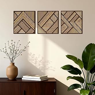 Tatuo 3 Pcs Geometric Wood Wall Art Decor, Modern Slatted Wood Design Wall Sculpture Panels with 3D Hollow Craft Art, Boho Abstract Decor for Living Room Bedroom Bathroom Home Office Kitchen