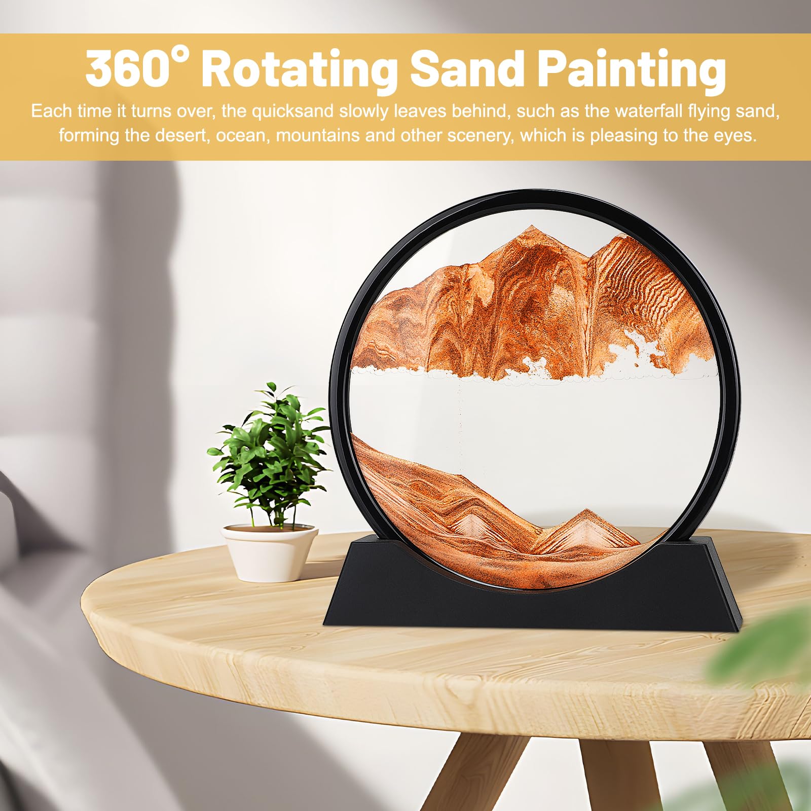 DBREAKS Obrazy z piasku 3D do obracania, dynamiczny obraz piaskowy, płynące malarstwo piaskowe, okrągła rama ze szkła, ruchoma sztuka piaskowa, krajobraz, dekoracja biurka dla dorosłych i dzieci,