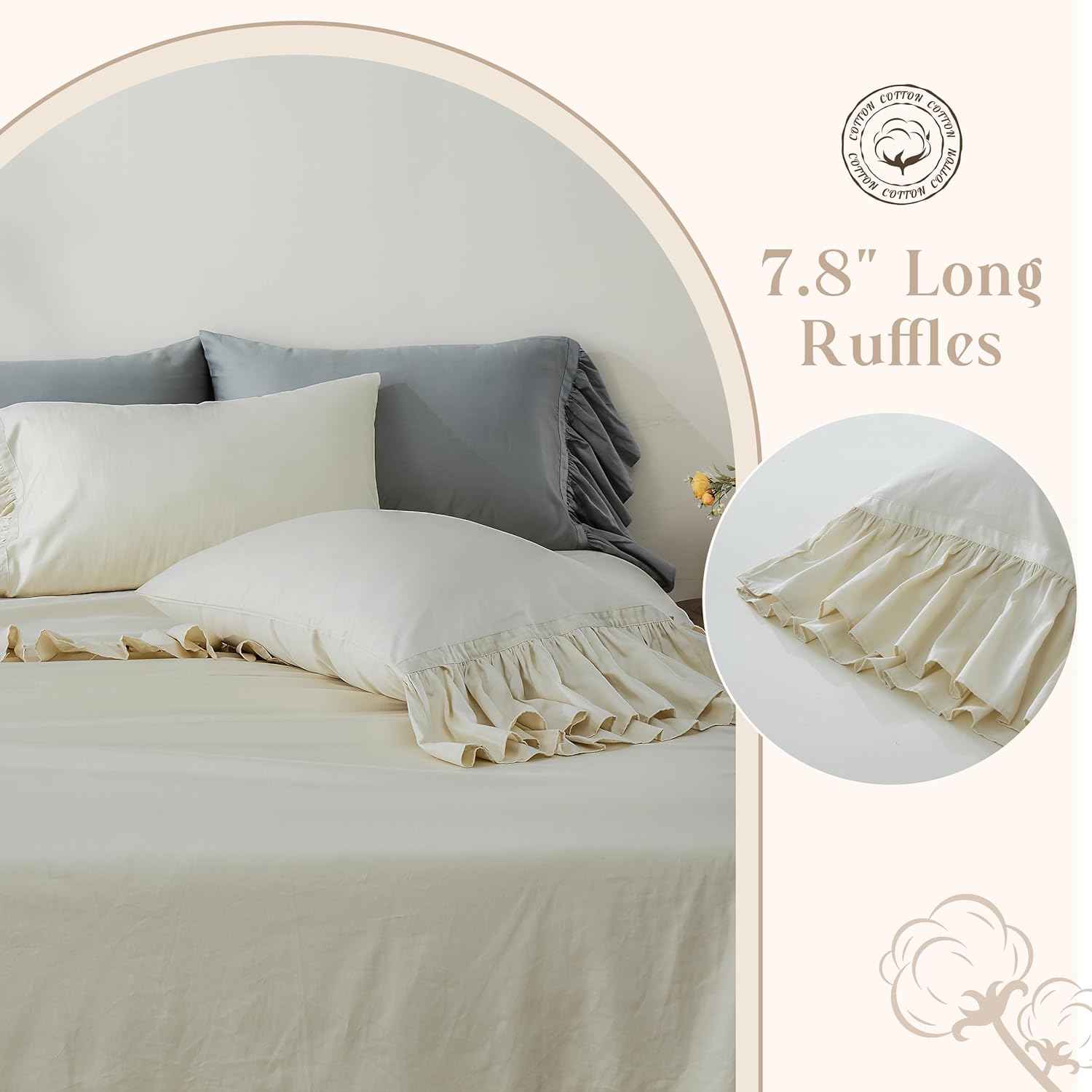 Simple&Opulence 100% Organic Cotton Sheet Set, Long Ruffle Bed Sheets (1 Flat Sheet, 1 Fitted Sheet and 2 Pillowcases) Elegant Shabby Chic Bedding Farmhouse Charming Vintage - Beige, Queen