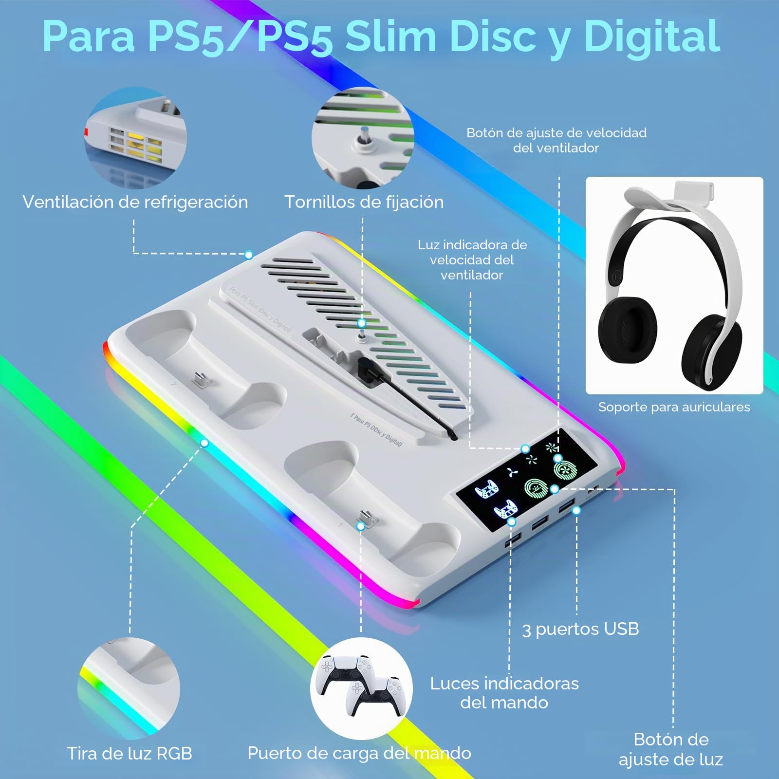 Soporte para PS5, Soporte de Refrigeración para PS5/PS5 Slim/PS5 Pro Soporte Vertical P5/P5 Slim/P5 Pro con Estación de Carga de Dual Dontrolador 3 Puertos USB(Disco y Digital)(Blanco)