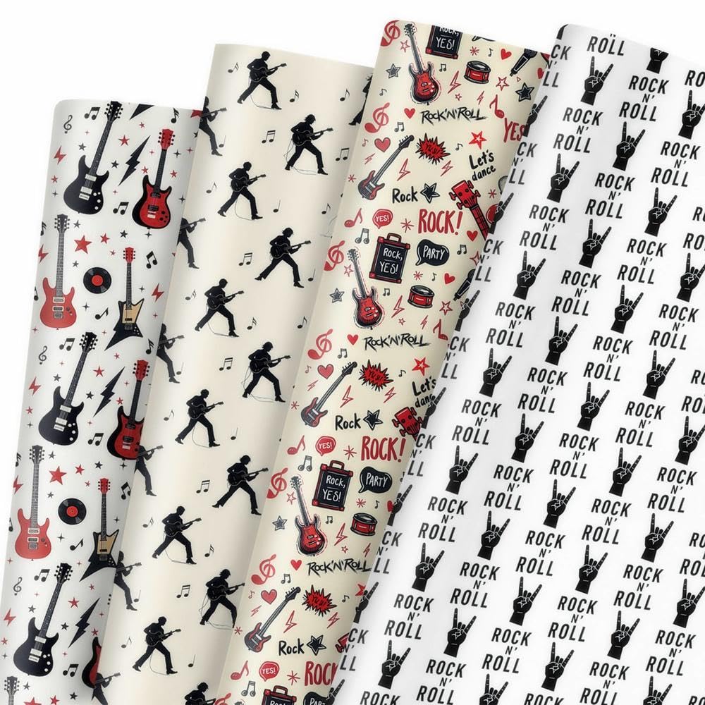 GleeWrap 12 Sheet Guitar Wrapping Paper,Music Rock and Roll Theme Gift Wrap Set, DIY Craft Paper for Birthday Party Celebration Gift Wrapping Supplies,50x70cm