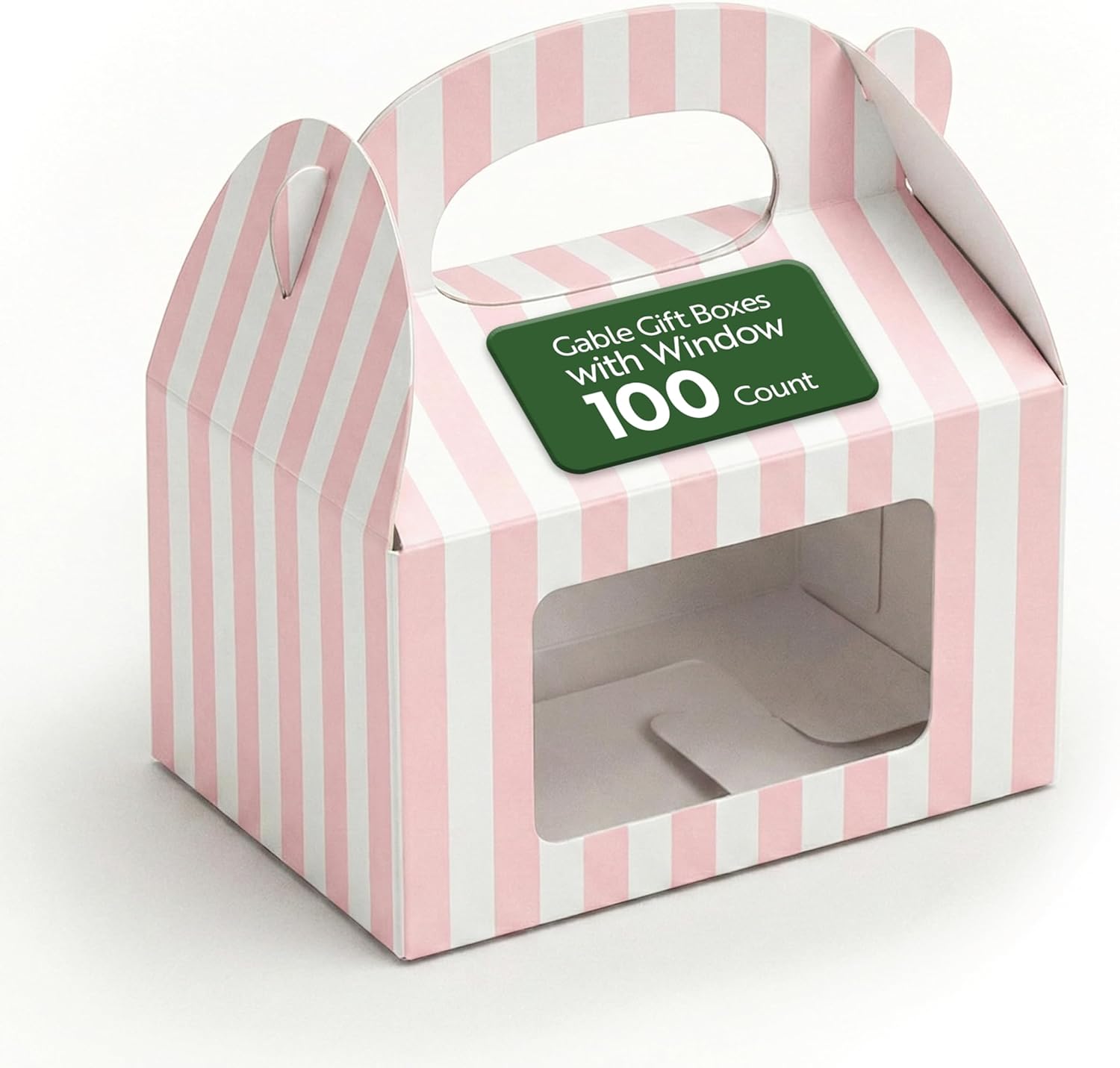 Bio Tek 4 x 2.5 x 2.5 Inch Gable Boxes For Party Favors, 100 Attractive Gift Boxes - Striped Pattern, Pink And White Paper Barn Boxes, Clear PET Window, With Built-In Handle