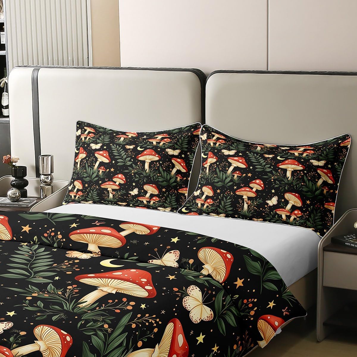 jejeloiu Mushrooms Cotton Duvet Cover Set 2Pcs Twin Size Kids Boho Bohemian Bedding Set for Boys Girls Butterfly Duvet Cover Soft Lightweight,Cotton,No Stuffing