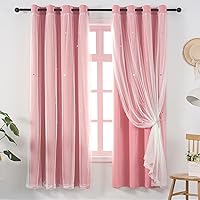 Vista 9 de Lindas cortinas opacas para dormitorio de niñas, diseño estético negro con doble capa con superposición transparente, 45 pulgadas de largo, 2