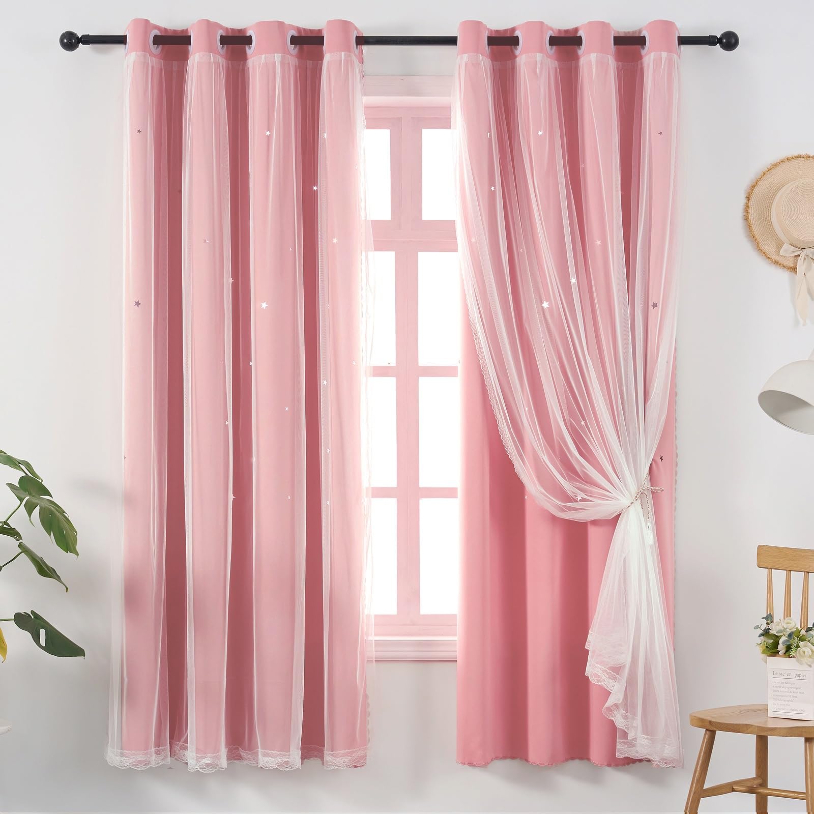 Pink Blackout Curtains for Girls Bedroom Cute- Aesthetic Star Cutout Double Layer with Sheer Overlay, 84 Inches Long, 2 Panels Baby Nursery Curtains Kids Room Decor Drapes