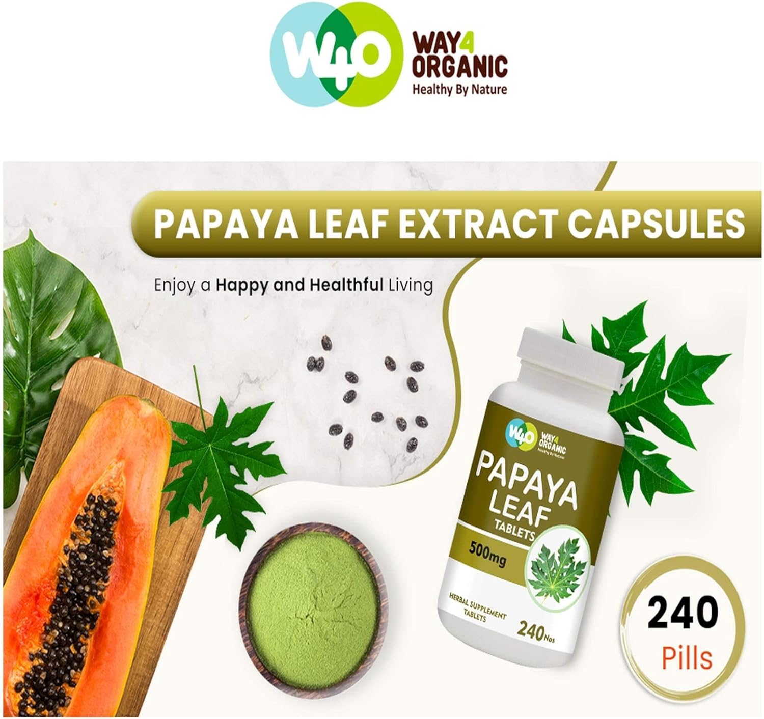 Papaya Leaf Extract Capsules (Tablets) - 500 mg 240 Pills, Supports Immunity & Digestion - 120 Days Supply