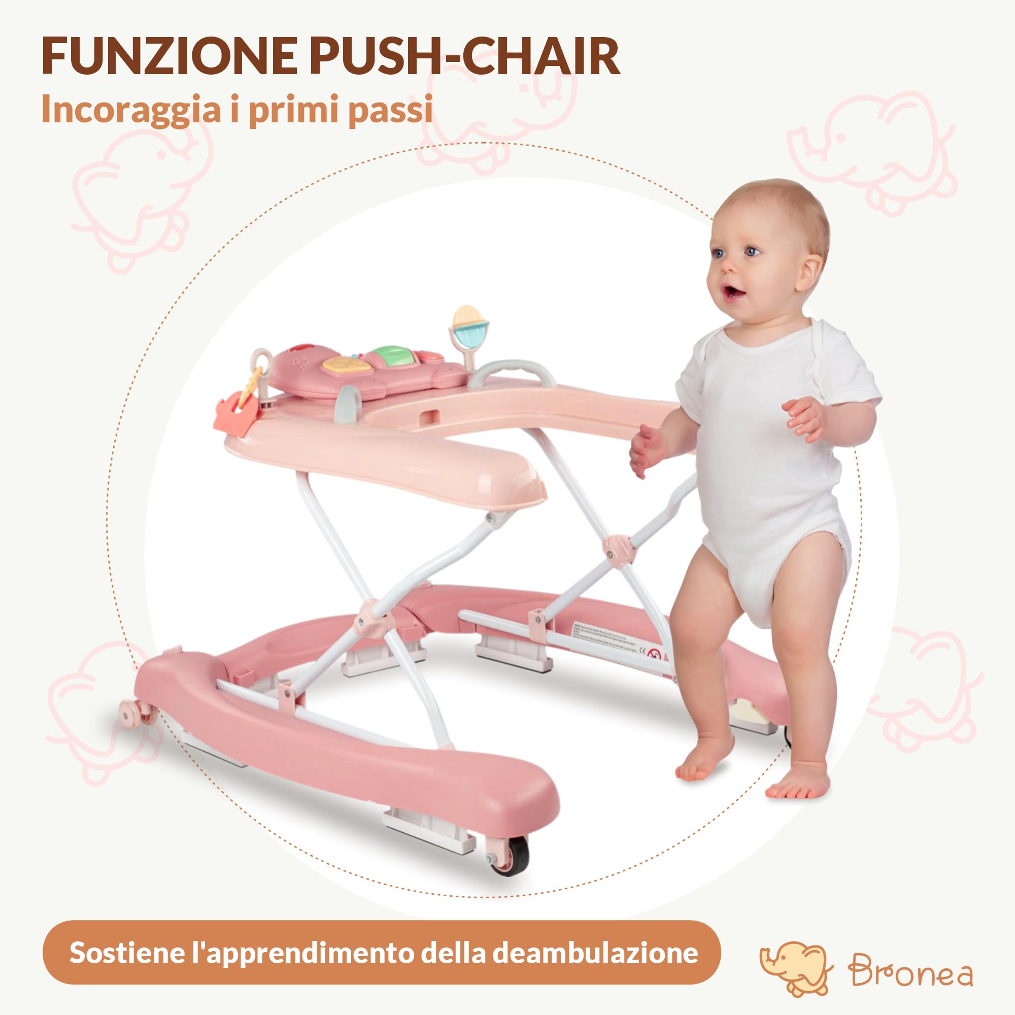 5-in-1 Girello per Bambini | Baby walker con funzione di dondolo, musica e luce | ausilio per la deambulazione dei bambini a partire da 6 mesi | regolabile in altezza | pieghevole | Rosa