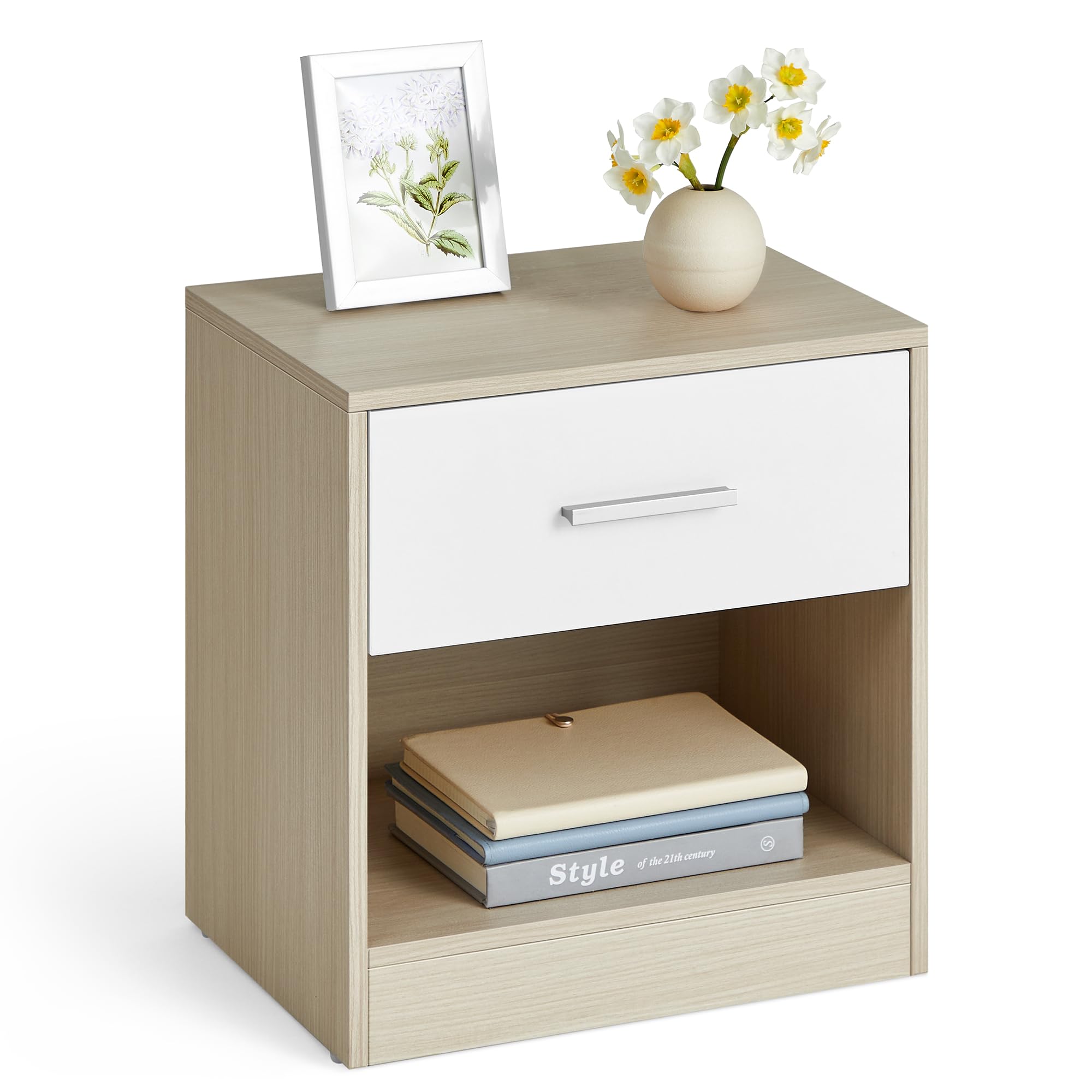VASAGLE Comodino, Tavolino con Cassetto, Maniglia, Scomparto Aperto, per Camera da Letto, Soggiorno, Beige Naturale e Bianco Classico LET619T67