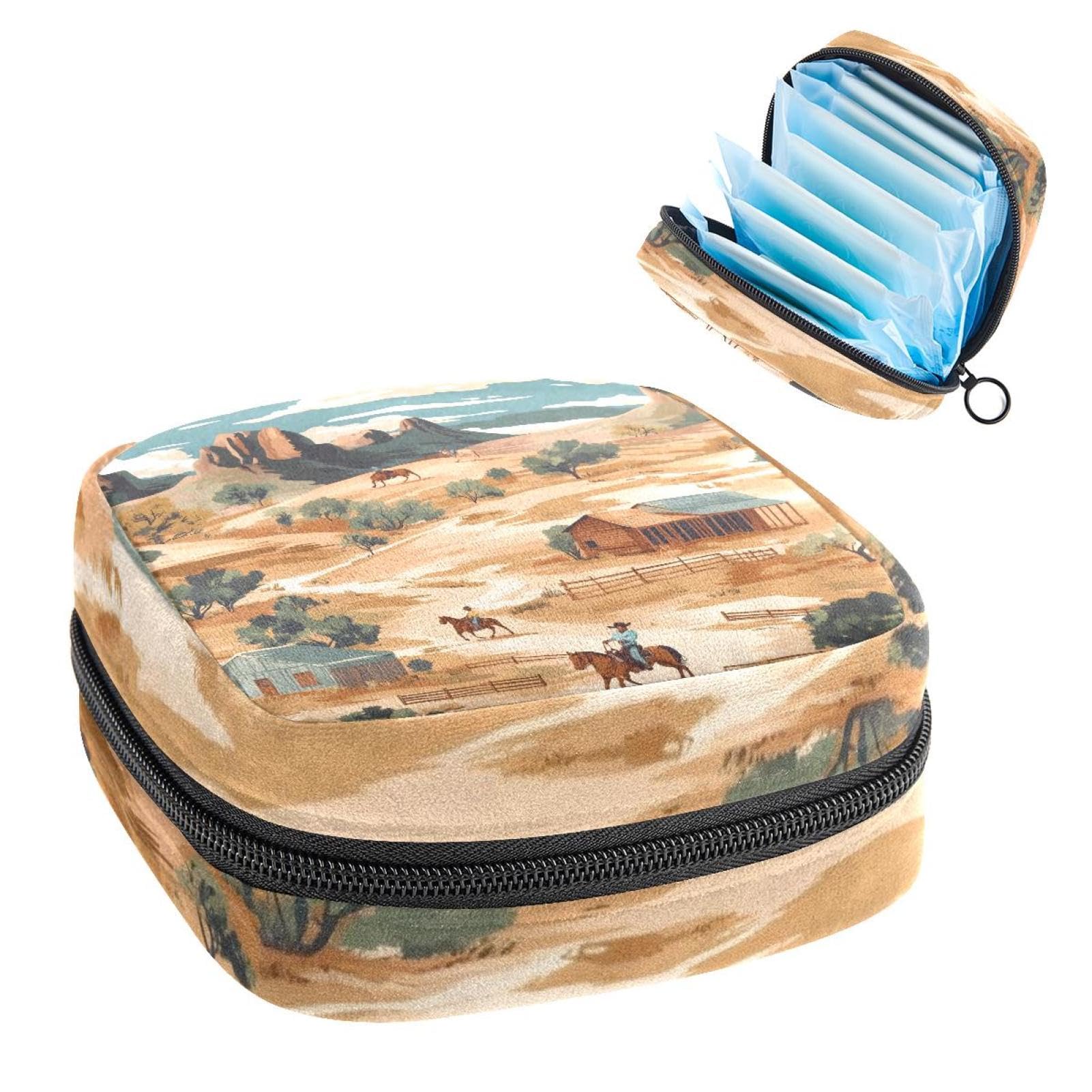 Period Bags for School, Sanitary Napkin Storage Bag for Feminine Pads, Wild Vintage Western Cowboys Mountain Landscape Ladies Menstrual Cup Pouch Sanitary Pads Organizer
