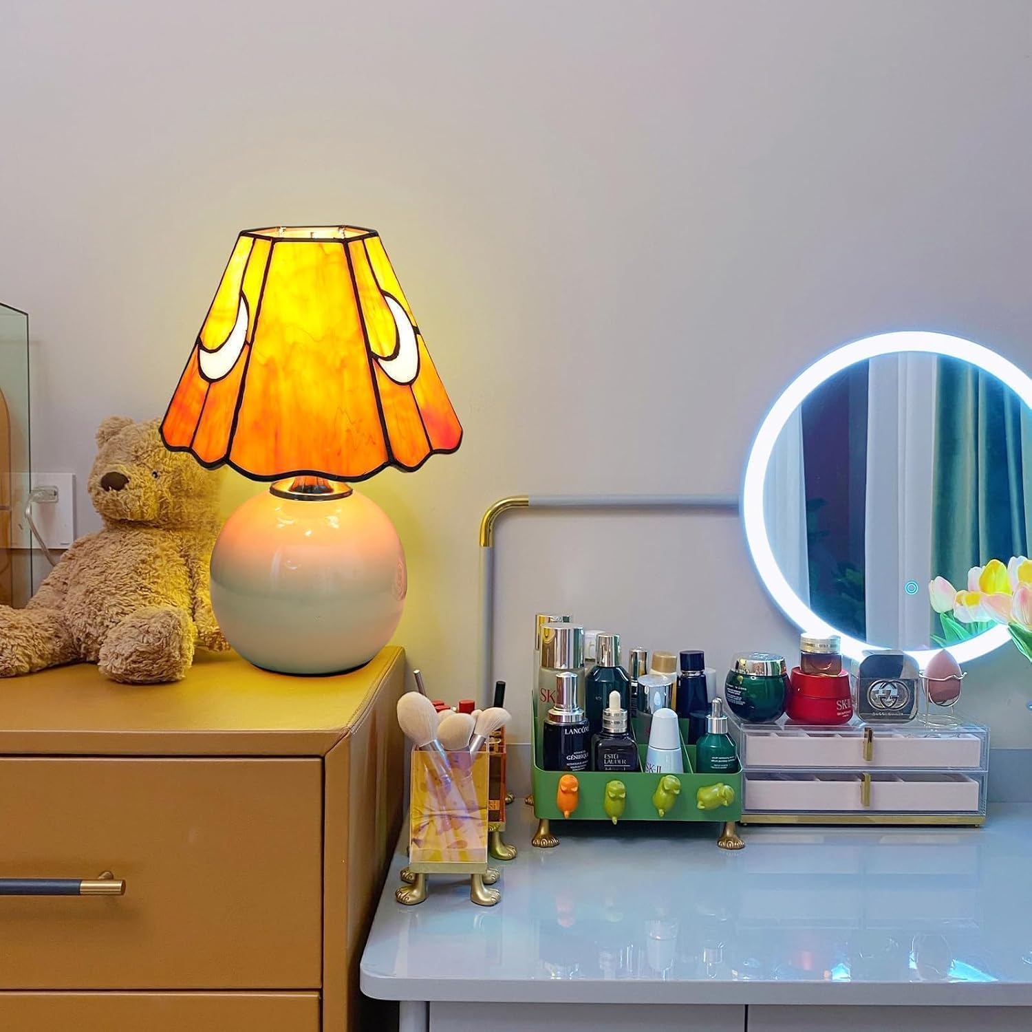 Tiffany Style Bedside Table Lamp Stained Glass Moon Mushroom Lamp for Bedroom Small Nightstand Lamps for Home Decor Living Room Bedroom Study Nursery Dorm, Orange