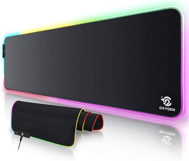 Studione RGB Gaming Mouse Pad by Oxygen, Ultra Bright LED Light&Soft Large Extended Mousepad with 10 Lighting Modes, Water Resistance, Non-Slip Rubber Base Keyboard Mat, 31.5 X12 inch X 4mm, Black