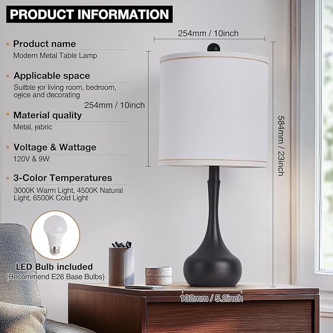 Juego de 2 Lámparas de Mesa Modernas de Metal Negro, 23" miniatura 6