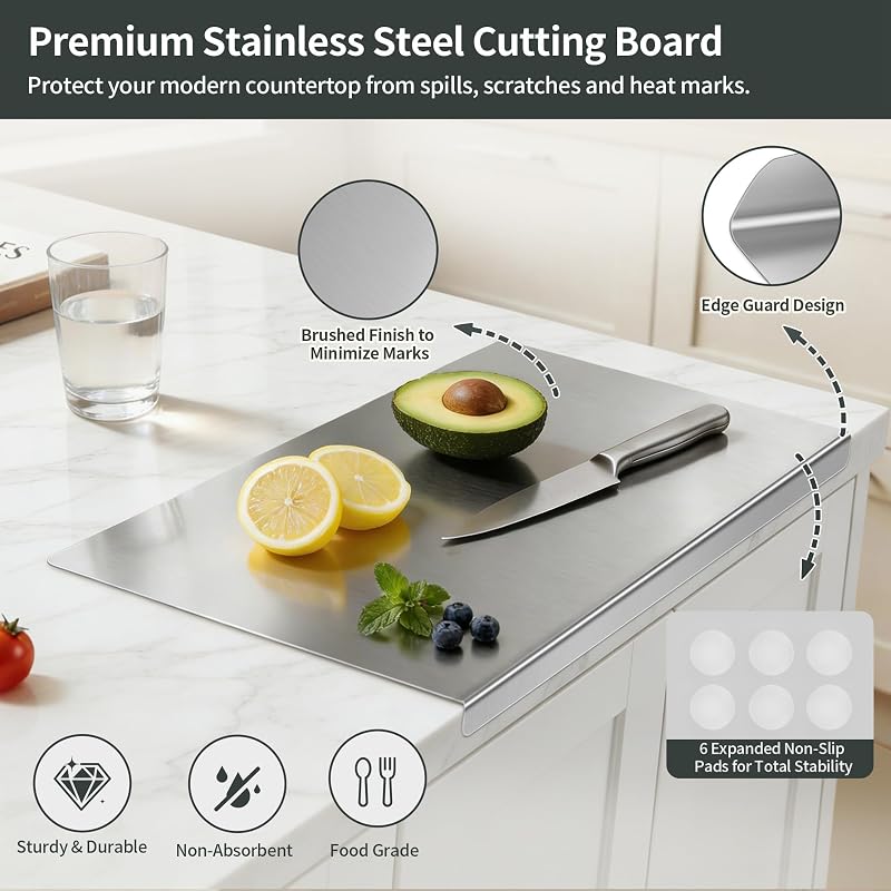 Stainless Steel Cutting Board with Lip, 304 Stainless Steel Chopping Board for Kitchen, Double-Sided Large Metal Cutting Boards for Meat, Vegetables Fruit, Kitchen Food Prep Board (19.68 * 19.68in)