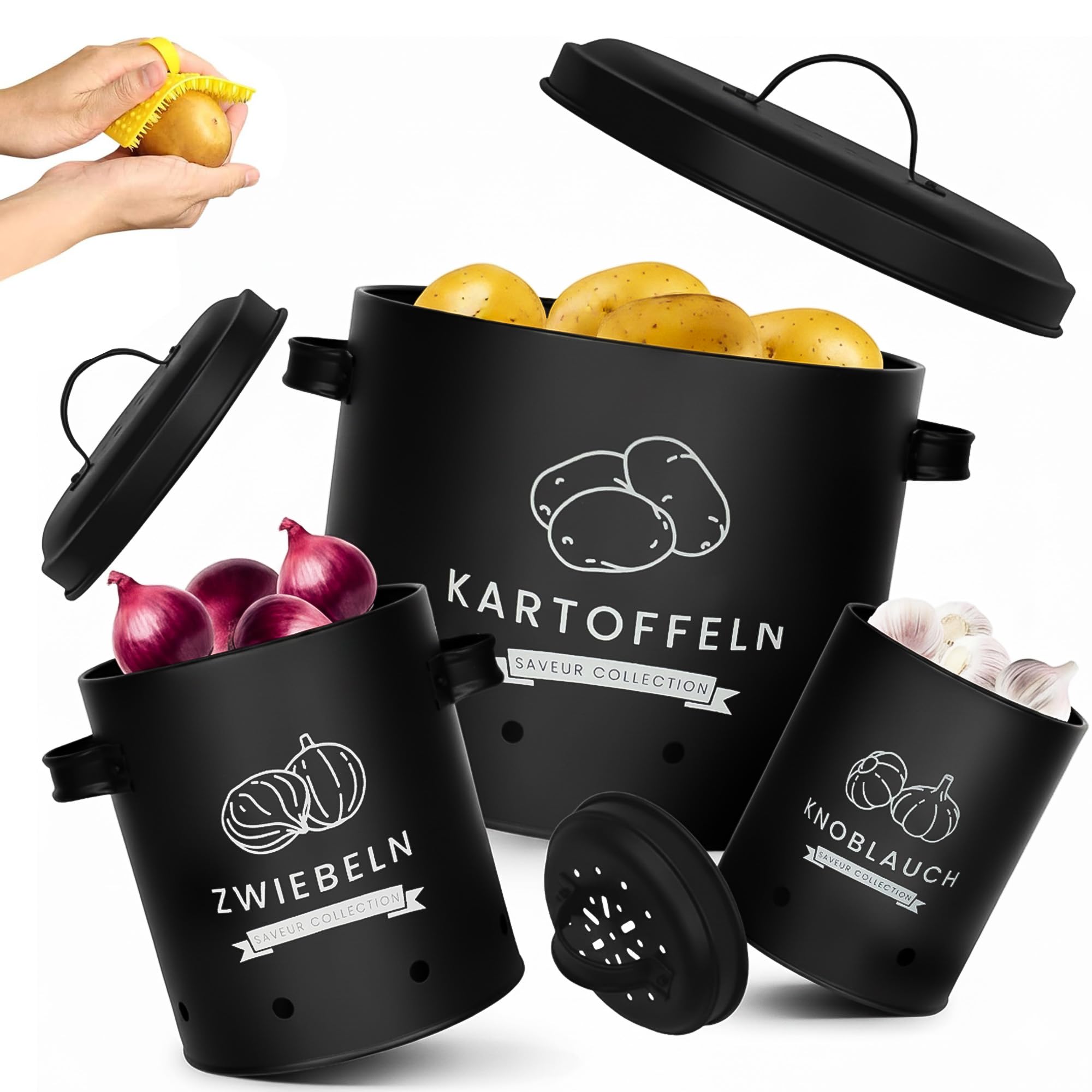 AH® Kartoffel Aufbewahrungsbox [3er Set] inkl. Gemüsebürste- längere Haltbarkeit durch 360° Luftzirkulation - Zwiebel, & Knoblauch Aufbewahrung Küche