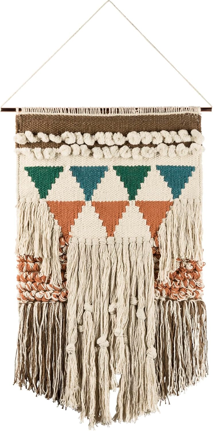 Primitives by Kathy Bohemia Style Woven Wall Hanging, Handmade Cotton Fringe Tassel Banner with Copper Hanging Rod, Bohemian Decor for Apartment, Dorm, Living Room, Bedroom, Baby Nursery, 14"W x 24"L