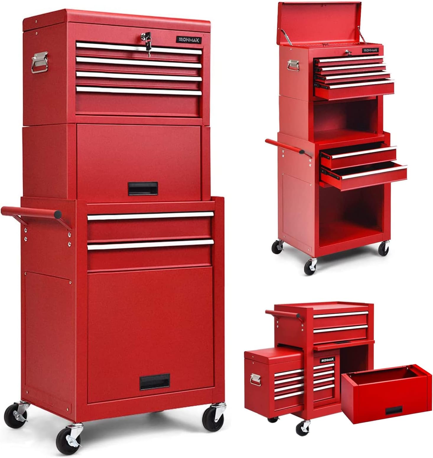 Tool Chest, 3-in-1 Rolling 6 Drawers Tool Cabinet with Detachable Top Toolbox, Middle Tool Storage, Universal Lockable Wheels, Protective Liner, Auto Lock, Metal Tool Box for Garage Workshop