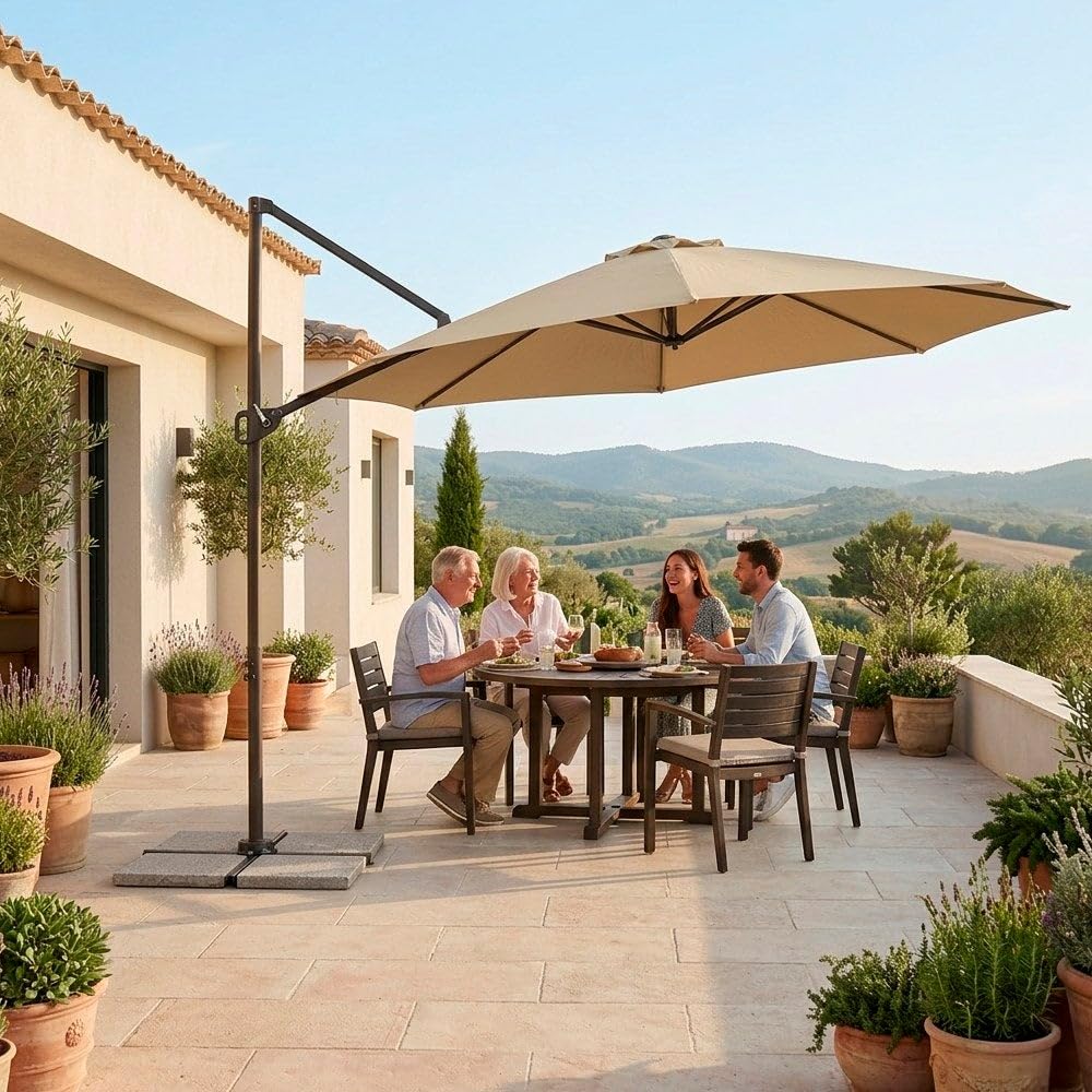 MONTY Parasol excéntrico alta RESISTENCIA, de Ø300 cm, Beige, mástil Ø48mm de Acero Marrón Topo, con Antiviento, Manivela y barra Estabilizadora, Elegante y Duradero, tratamiento Anti-corrosión