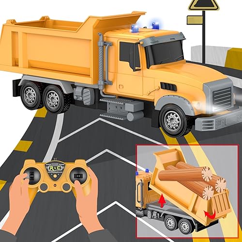 Miniatura 9 de Camión volquete de construcción con control remoto, vehículo RC de 6 canales, juguetes de camión con 6 piezas de madera, 2 baterías recargables,