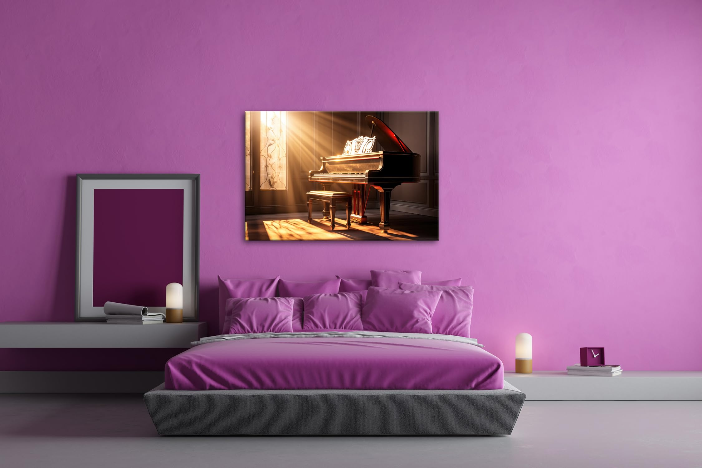 deyoli Leinwandbild Sonnenküsse auf Tasten – ein Klavier im goldenen Morgen. Format: 100x70cm XXL Kunstdruck Bild auf Keilrahmen/Wandbild/Wohnzimmer Dekoration