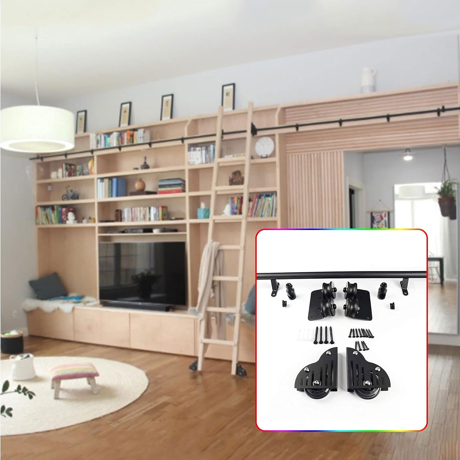 Sliding Barn Door Kit 3.3ft-20ft with Floor Roller Wheels,Rolling Ladder Hardware Library Sliding Ladder Hardware Kit Round Track/Rail,Round Tube Mobile Ladder Track,20ft/600cm Track kit