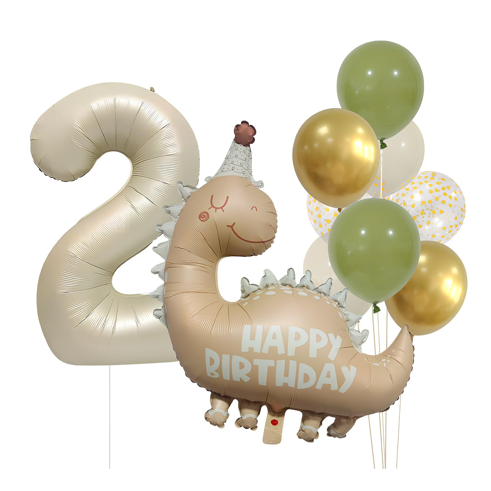 Dinosaur 2nd Birthday Decorations for Boys and Girls, 12 Piece Set, 32 Inch Number 2 Foil Balloon with Large Happy Birthday Dinosaur Balloon, Sage Green, Gold and Cream Balloons