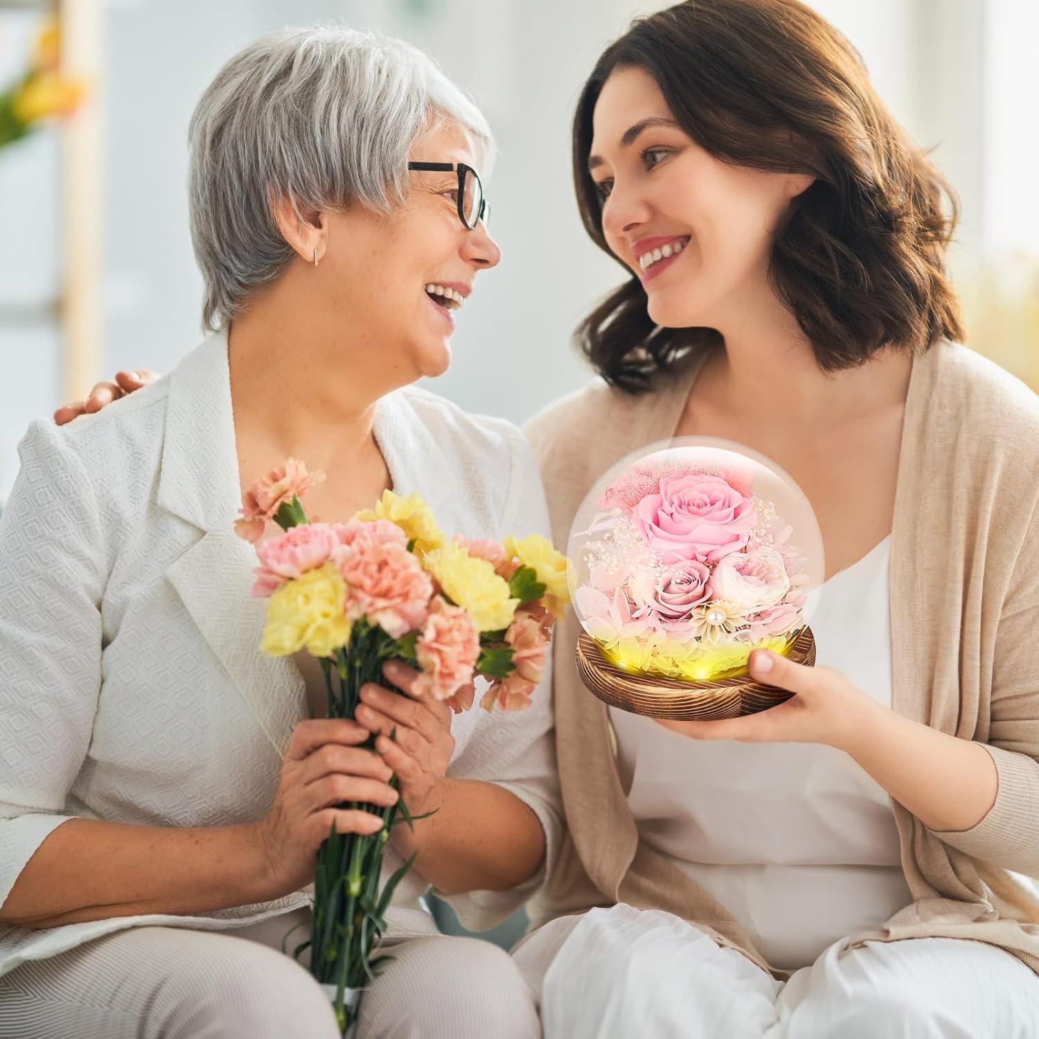 Preserved Real Rose Forever Flowers in Glass Dome with Led Light Unique Gifts for Her Mom Grandma Wife Girlfriend Birthday Valentines Mother’s Day Thanksgiving Christmas (Pink)