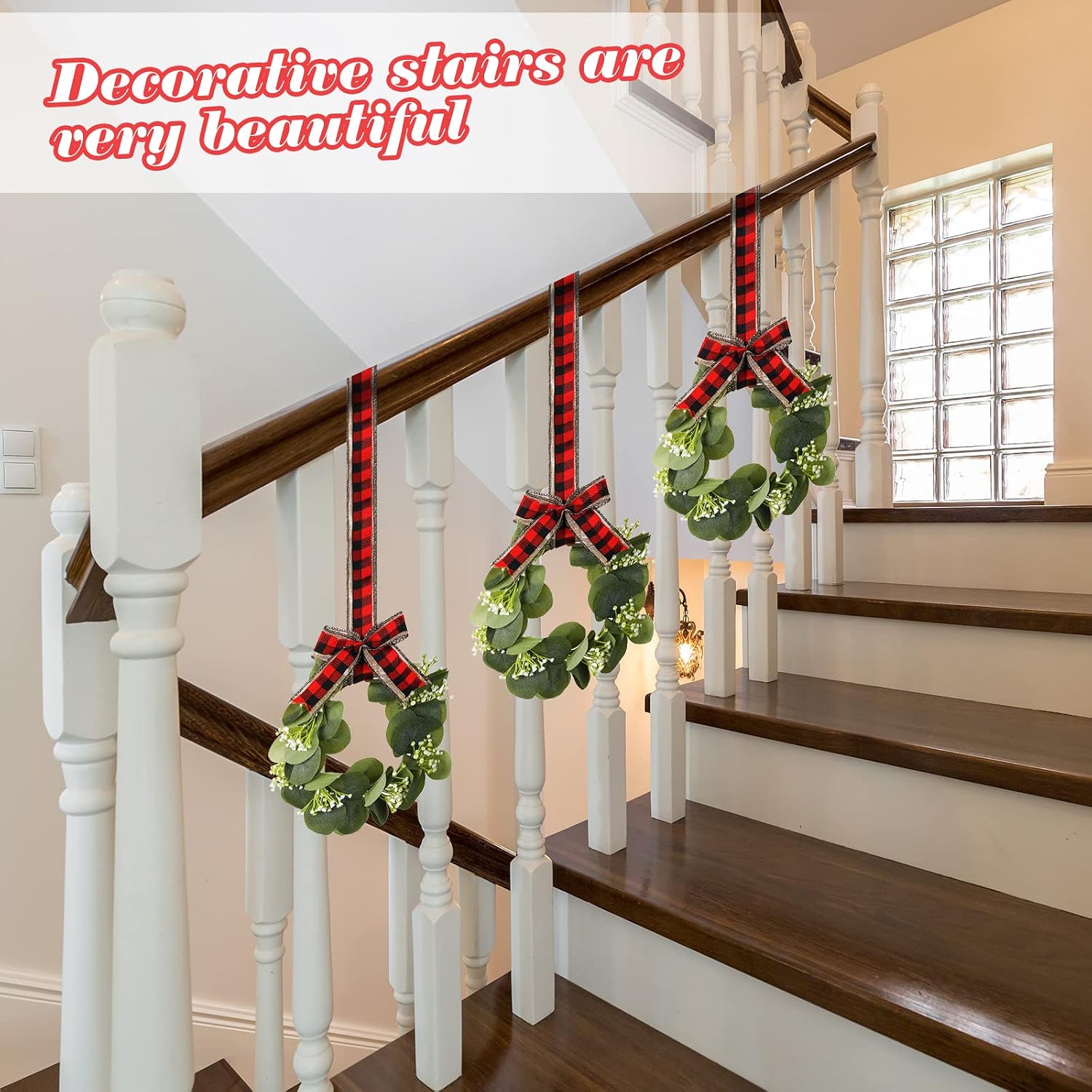6 Pcs Mini Christmas Kitchen Cabinet Wreaths 9" Small Christmas Artificial Eucalyptus Wreaths with Red Black Buffalo Plaid Bow Xmas Party Decor for Door Window Wall Farmhouse Hanging