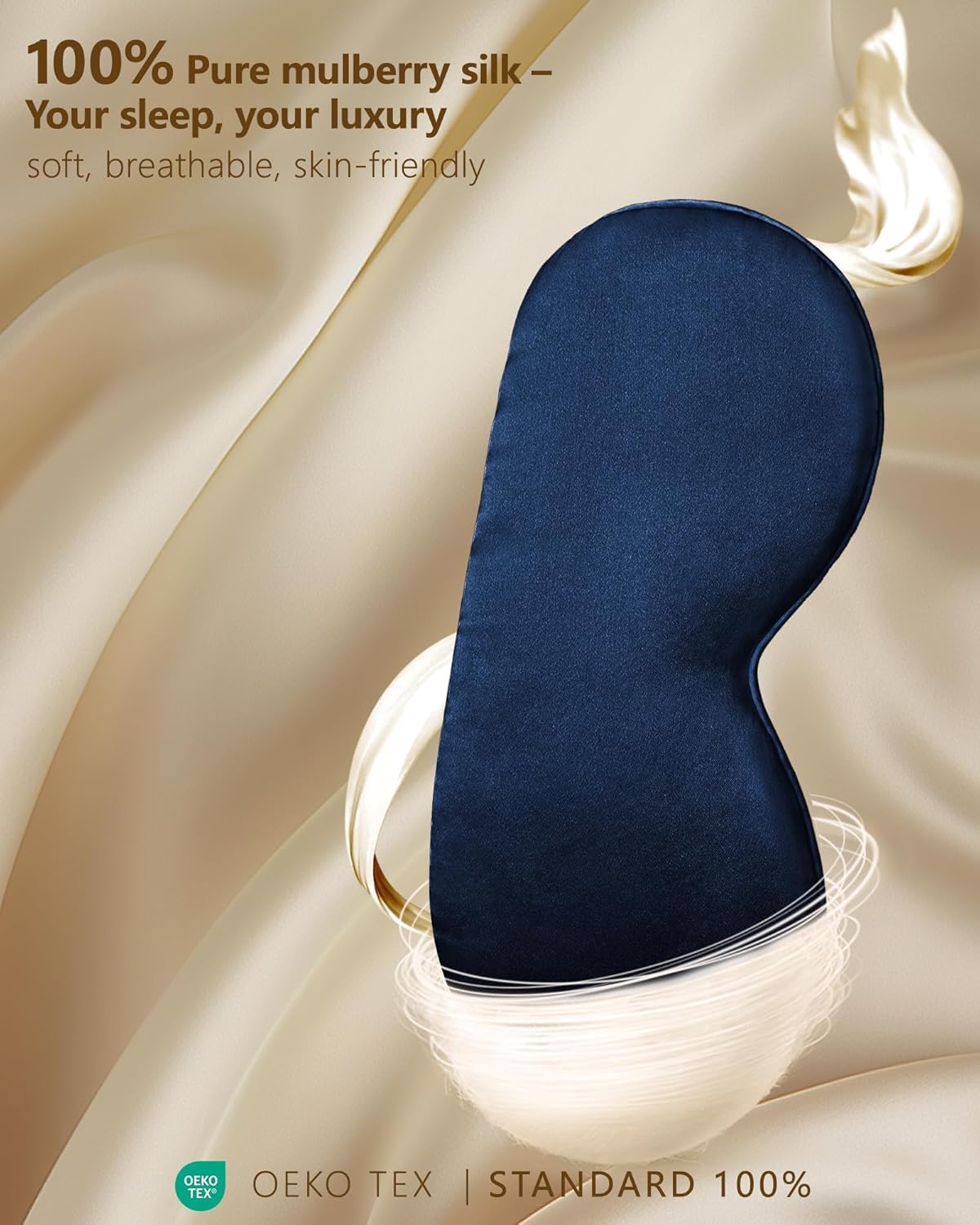 Antifaz de seda para dormir, suave, transpirable, orgánica, natural, de seda de morera, opaco, con correas ajustables (azul marino)