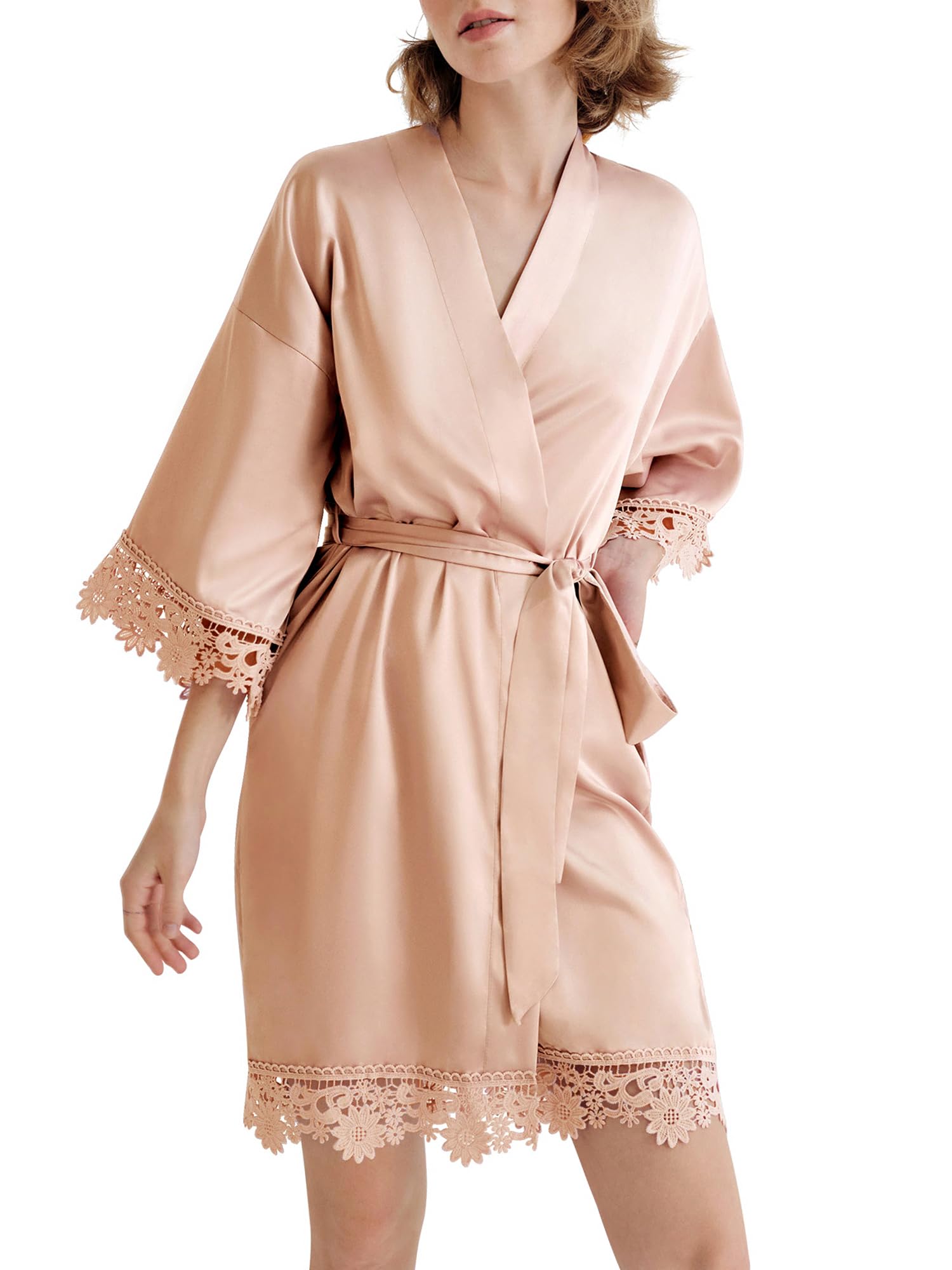 SIORO Women Silk Short Kimono Robes, Lightweight Satin Lace Robe, Soft Bath for Shower, Nightgown, Wedding Party, Bridesmaid
