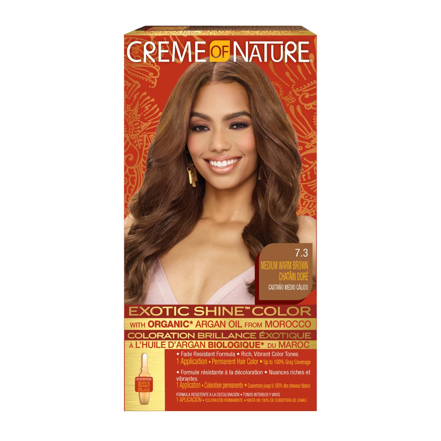 Exotic Shine Hair Color by Creme of Nature, 7.3 Medium Warm Brown, with Argan Oil from Morocco, 1 Application