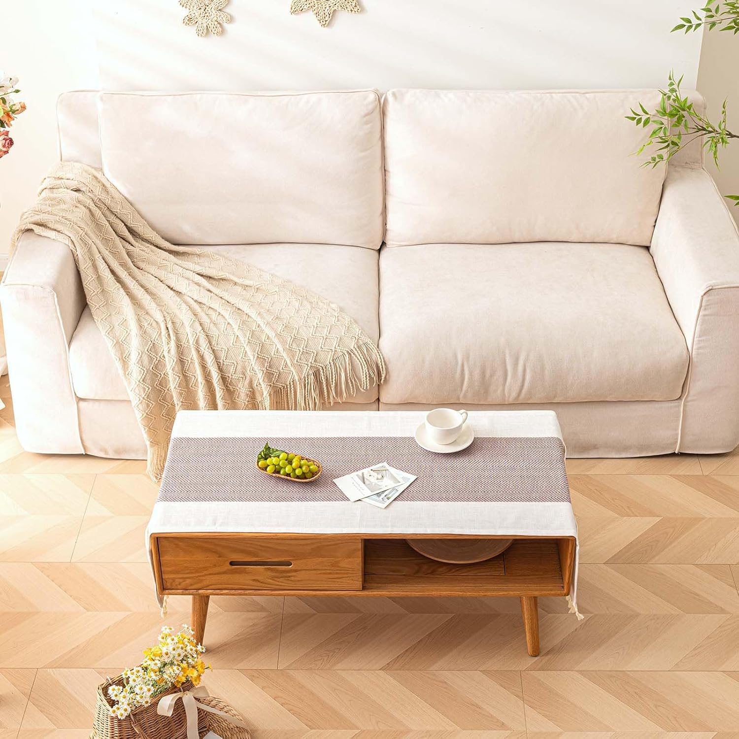 Waterproof Coffee Table Cover, Rectangle Cotton Linen Coffee Table Cloth With Pockets And Tassel For Living Room Tea Table Fridge Washer Dryer Top Dust Cover-Beige and Coffee With Pocket- 20" x 60"