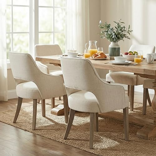 Miniatura 11 de Juego de 6 sillas de comedor de lino, sillas de cocina tapizadas de granja, sillas laterales con patas de madera para sala de estar, comedor, Lino,