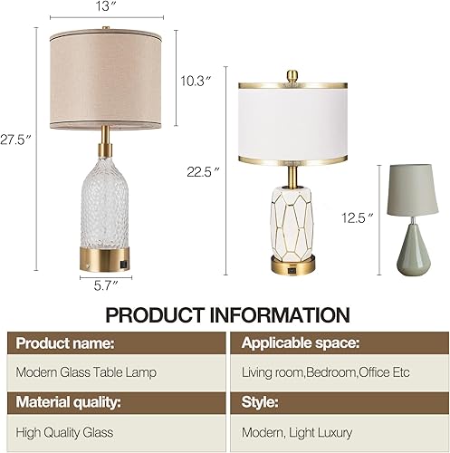 Miniatura 7 de AIDENOEY Juego de 2 lámparas de mesa de cristal modernas de 27.5 pulgadas, lámparas de noche con puertos USB-C y USB, control táctil regulable de 3